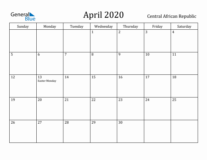 April 2020 Calendar Central African Republic