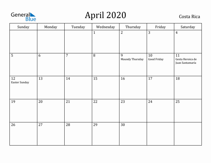 April 2020 Calendar Costa Rica