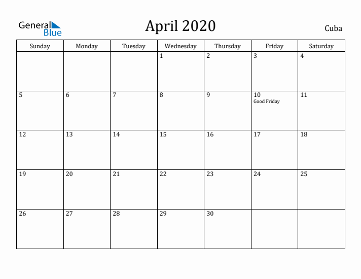 April 2020 Calendar Cuba