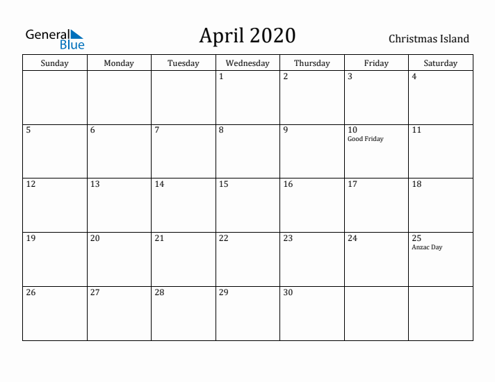 April 2020 Calendar Christmas Island