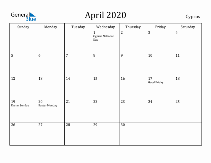 April 2020 Calendar Cyprus