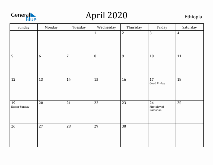 April 2020 Calendar Ethiopia