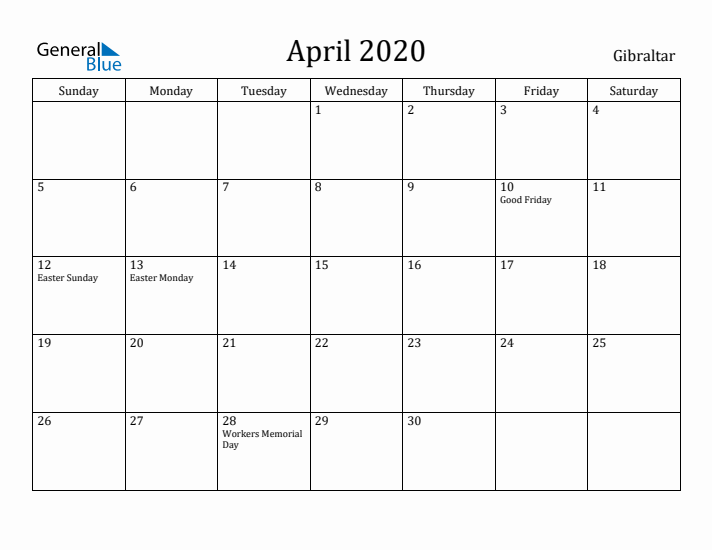 April 2020 Calendar Gibraltar