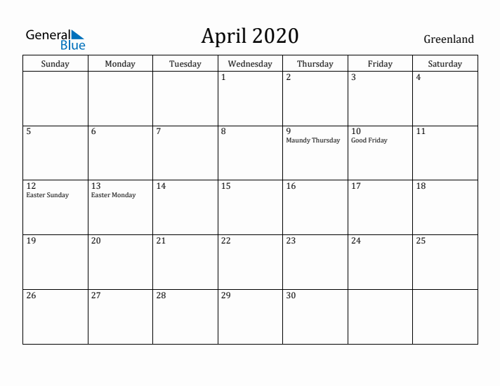 April 2020 Calendar Greenland