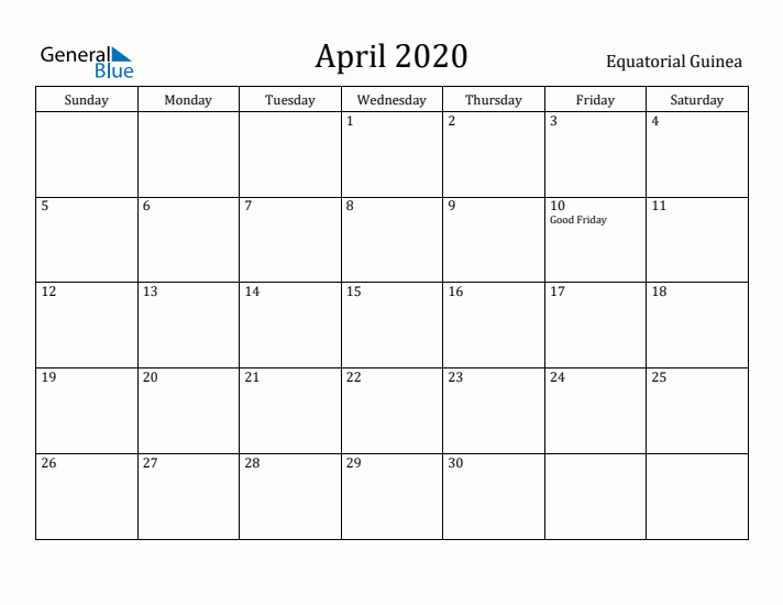 April 2020 Calendar Equatorial Guinea