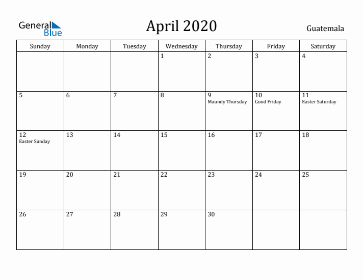 April 2020 Calendar Guatemala