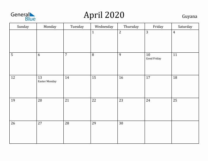 April 2020 Calendar Guyana