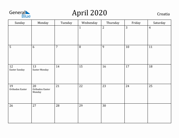 April 2020 Calendar Croatia