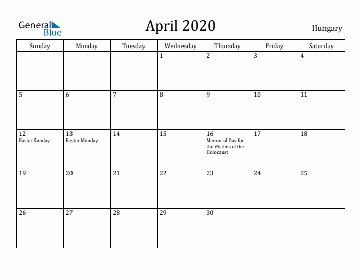 April 2020 Calendar Hungary