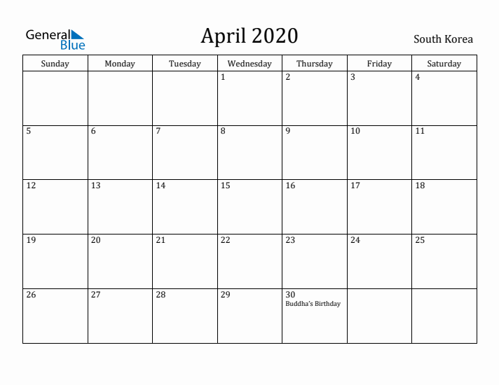 April 2020 Calendar South Korea