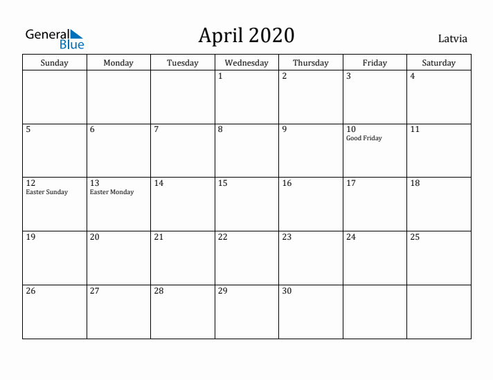 April 2020 Calendar Latvia