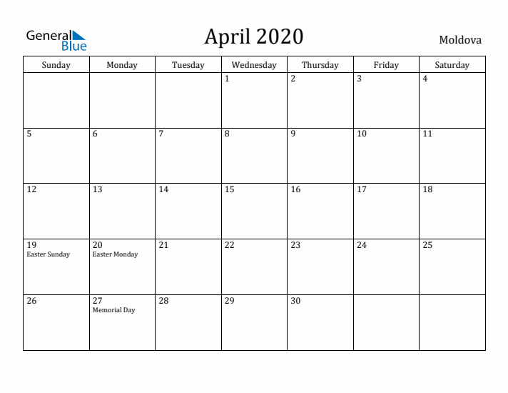 April 2020 Calendar Moldova