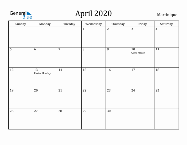 April 2020 Calendar Martinique