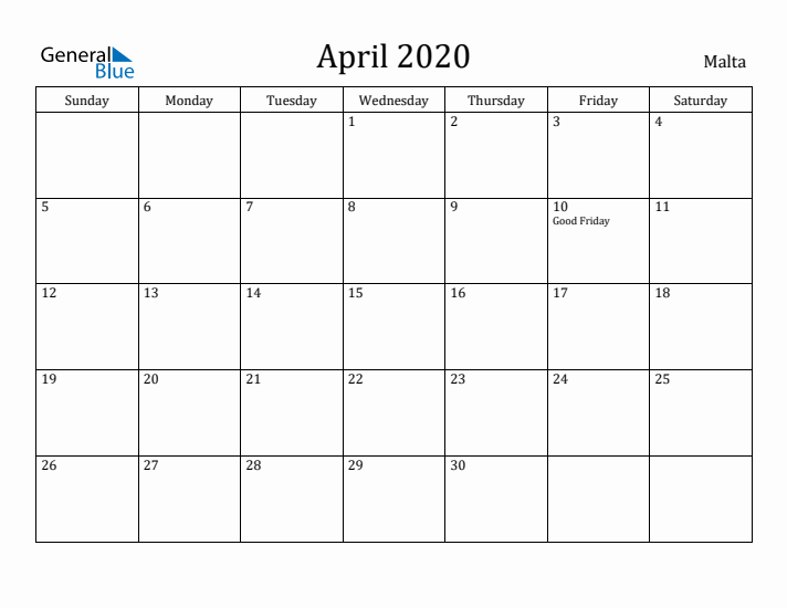 April 2020 Calendar Malta