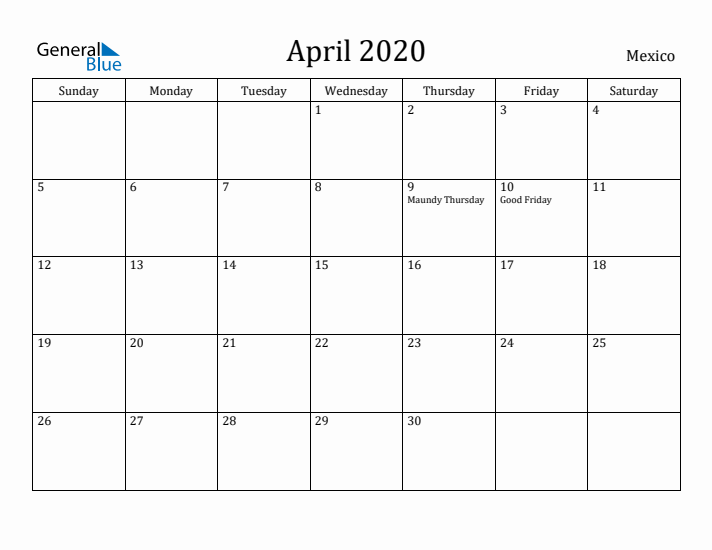 April 2020 Calendar Mexico