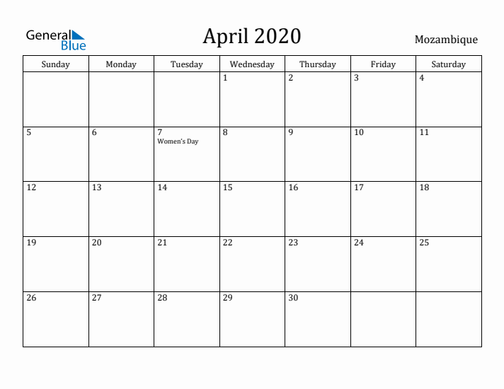 April 2020 Calendar Mozambique