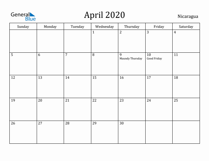 April 2020 Calendar Nicaragua