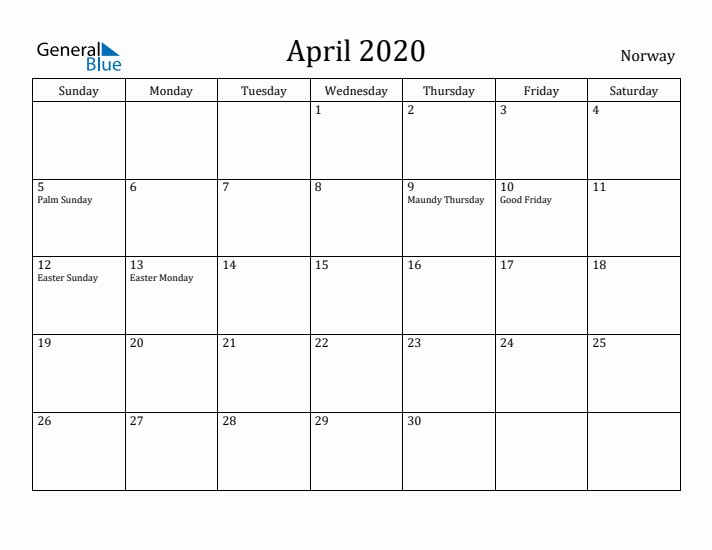 April 2020 Calendar Norway