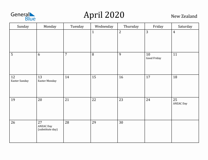 April 2020 Calendar New Zealand