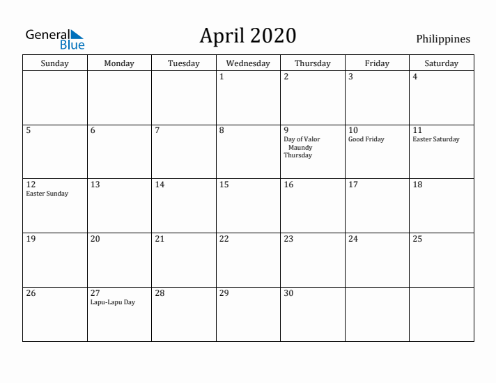 April 2020 Calendar Philippines