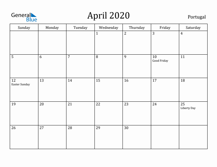 April 2020 Calendar Portugal