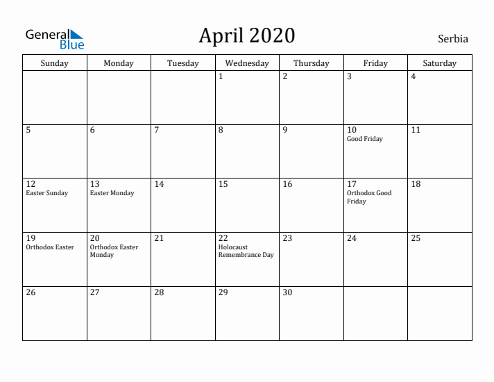 April 2020 Calendar Serbia