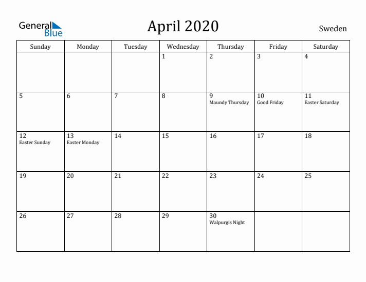 April 2020 Calendar Sweden