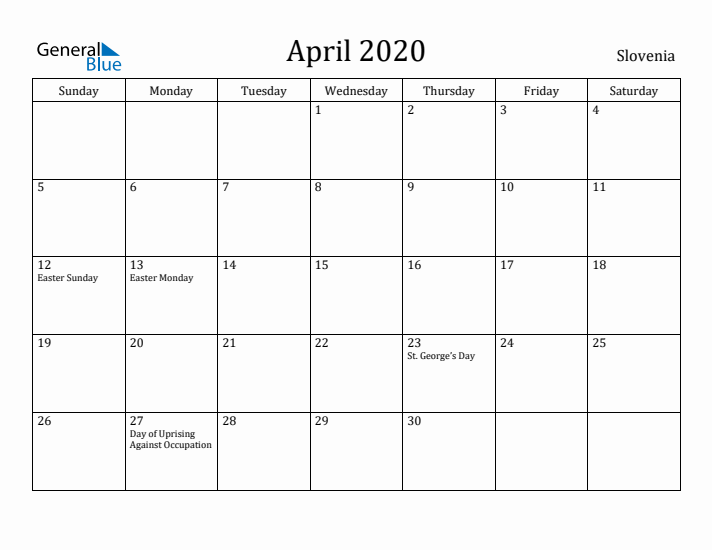 April 2020 Calendar Slovenia