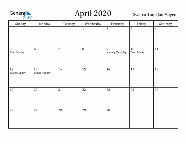 April 2020 Calendar Svalbard and Jan Mayen