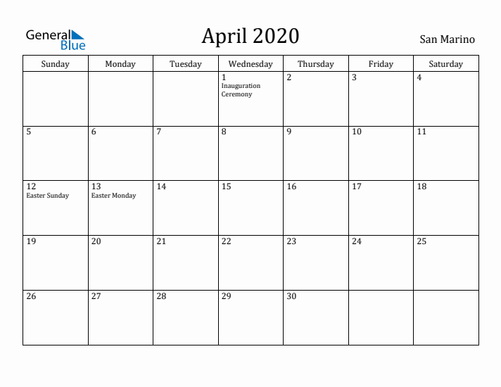 April 2020 Calendar San Marino