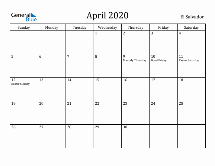 April 2020 Calendar El Salvador
