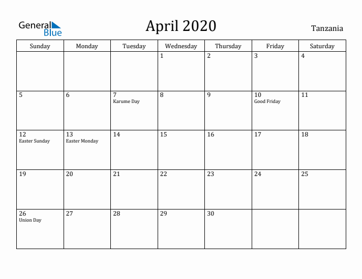 April 2020 Calendar Tanzania