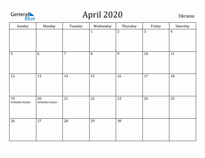 April 2020 Calendar Ukraine