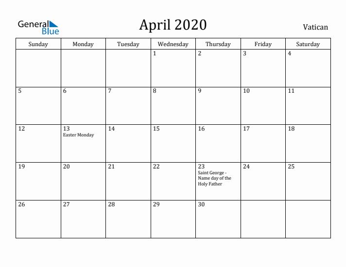 April 2020 Calendar Vatican