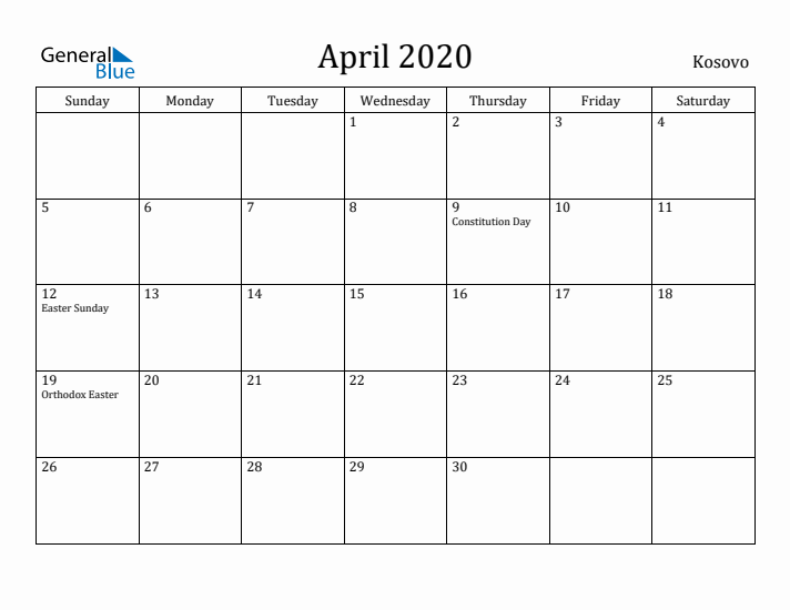April 2020 Calendar Kosovo
