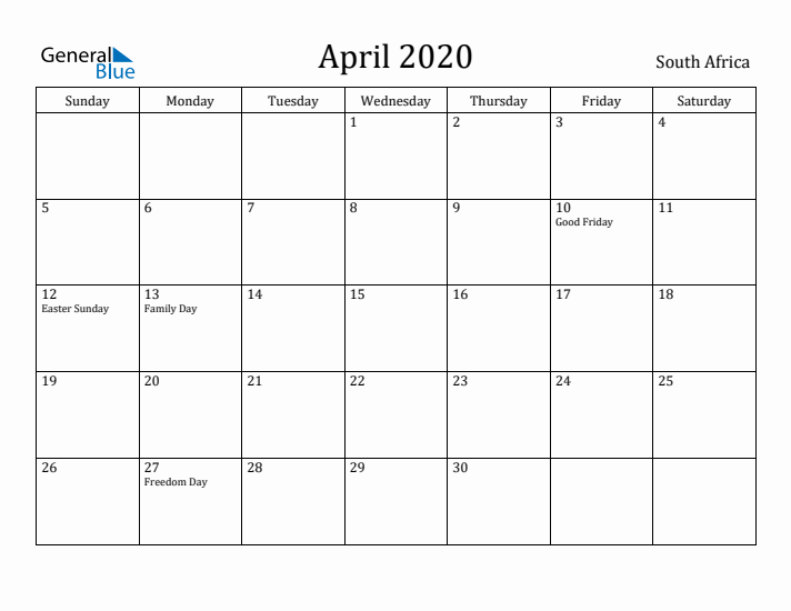 April 2020 Calendar South Africa