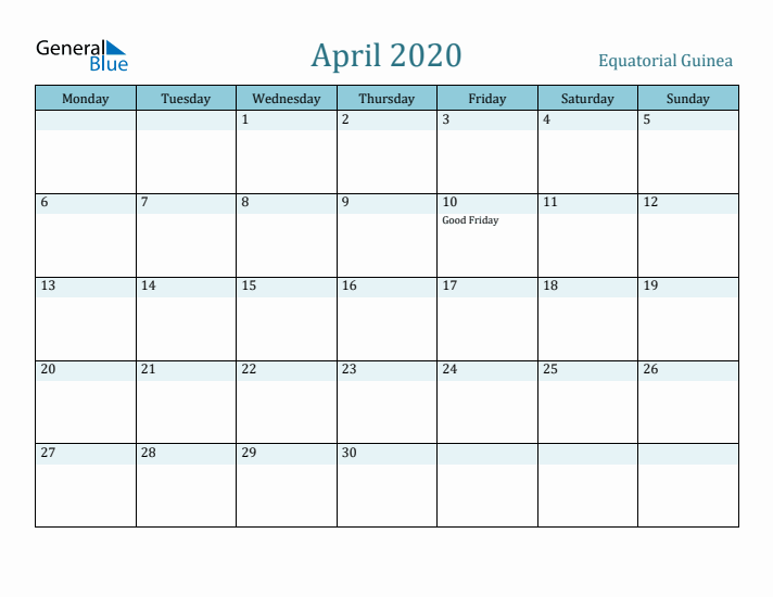 April 2020 Calendar with Holidays