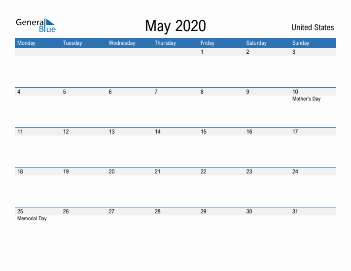 Fillable May 2020 Calendar