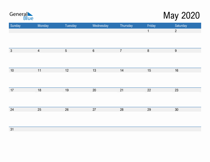 Fillable Calendar for May 2020