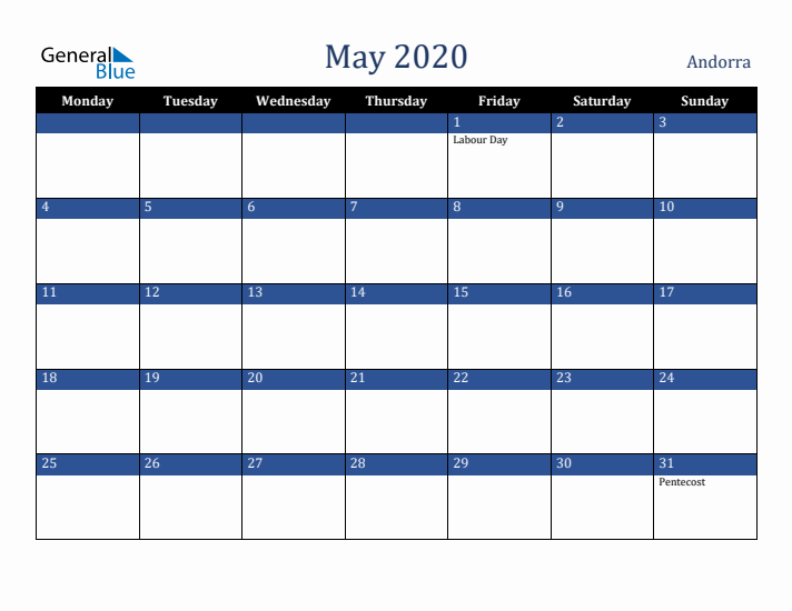 May 2020 Andorra Calendar (Monday Start)