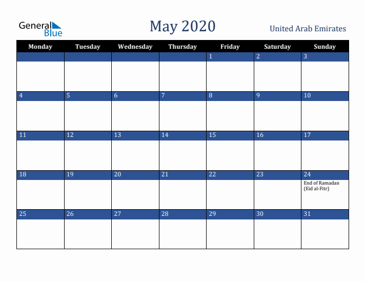 May 2020 United Arab Emirates Calendar (Monday Start)