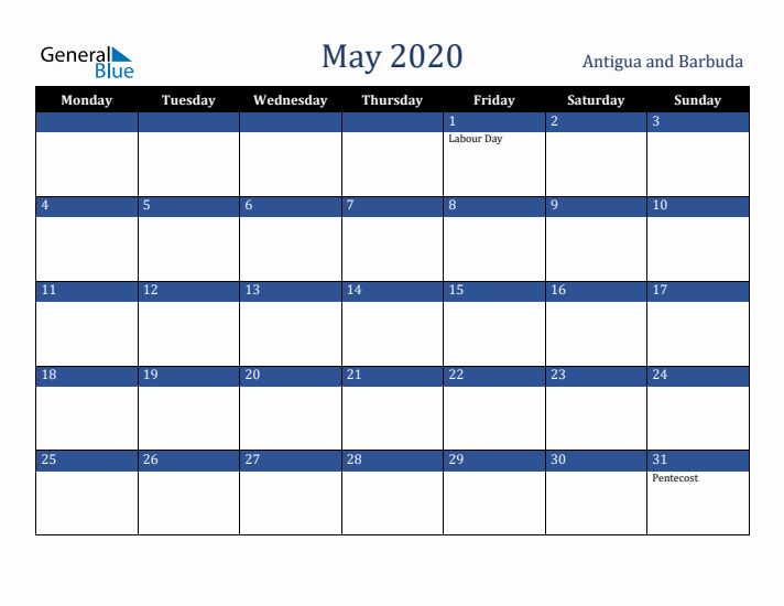 May 2020 Antigua and Barbuda Calendar (Monday Start)