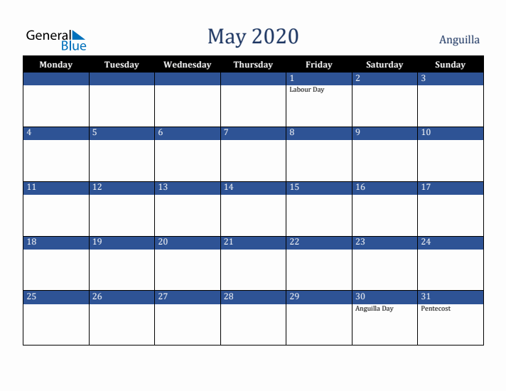 May 2020 Anguilla Calendar (Monday Start)