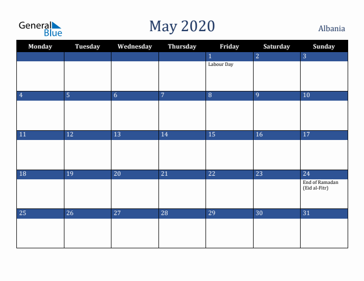 May 2020 Albania Calendar (Monday Start)