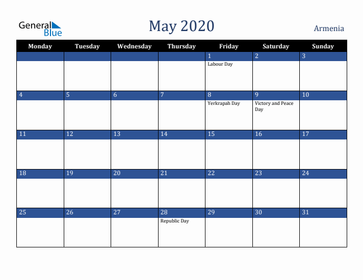 May 2020 Armenia Calendar (Monday Start)
