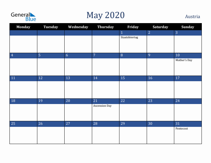 May 2020 Austria Calendar (Monday Start)