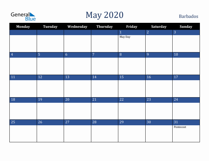 May 2020 Barbados Calendar (Monday Start)