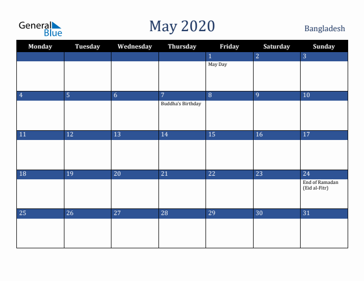 May 2020 Bangladesh Calendar (Monday Start)