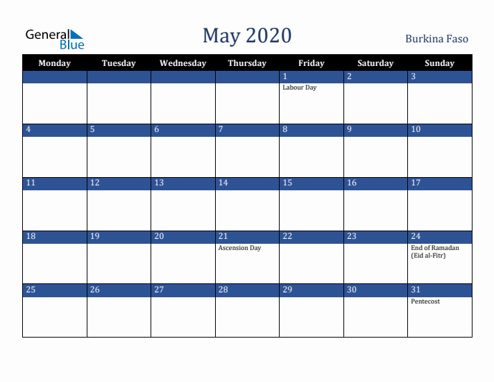 May 2020 Burkina Faso Calendar (Monday Start)