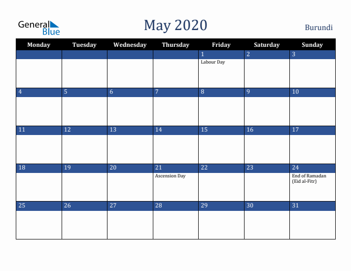 May 2020 Burundi Calendar (Monday Start)